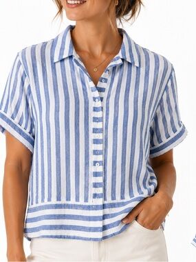 Jane and Delancey Blue and White Striped Short Sleeve Button-Front Shirt